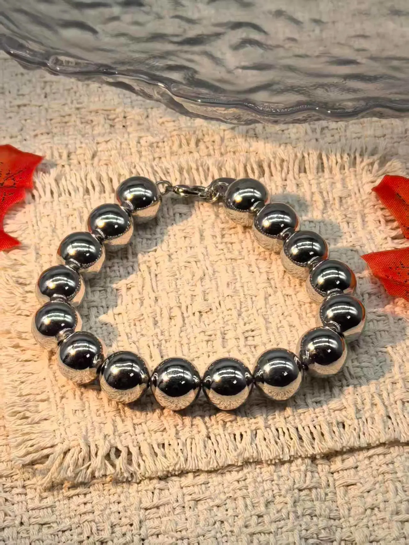 Shiny Silver Color Large Bead Bracelet, Minimalist Smooth Ball Necklace, Millennial Layered Accessory, Women's Daily Party Gift Jewelry