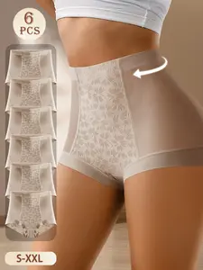Women's High-Waisted Waist Cinching Underwear Set, 6 Pcs Mesh Breathable Seamless Butt Lifting Shapewear Triangle Panties