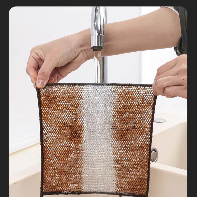 Thickened Dual-Layer Silver Wire Scrubber, Double-Sided Strong Cleaning, Oil-Resistant & Easy to Rinse, Kitchen Dishwashing Cloth