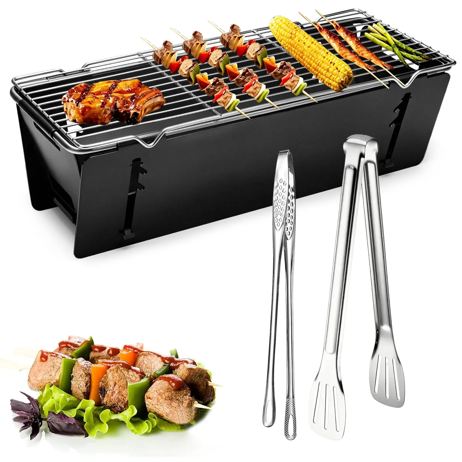Compact Foldable Charcoal Barbecue Grill Kit with Stainless Steel BBQ Clips Carry Bag Lightweight Tabletop Grill for Outdoor Camping Beach Picnic Family Backyard Grilling