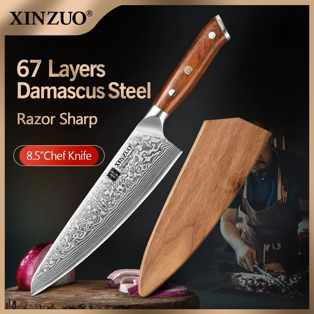 XINZUO 8.5-Inch Damascus Steel Chef Knife: 67 Layers of Damascus Super Steel Blade, 60±2 HRC Core Hardness, 15-Degree One-Side Edge, High-Quality Premium Rosewood Handle, Sharp and Durable with Super Anti-Rust Property, and a Beautiful Gift Box —Yu Series