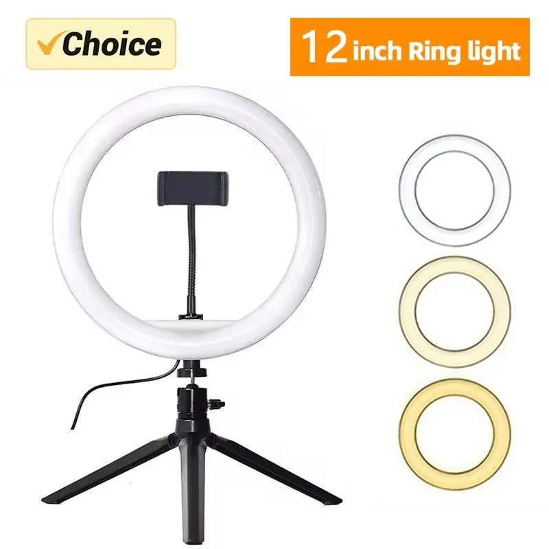 12 Inch 30cm Desktop Ring Light Kit, 20cm Mini Tripod, Three Color Temperatures, USB Powered, Phone Holder, Ideal for Makeup, Selfie, Video Calls