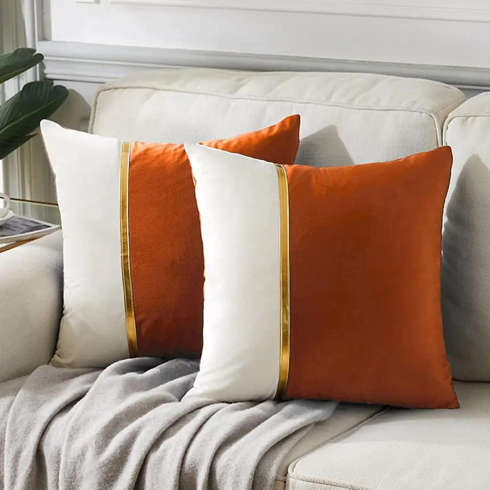 2 Packs Fall Decorative Throw Pillow Covers 20x20 Inch for Living Room Couch, Brunt Orange and White Velvet Patchwork with Gold, Decor Cute Cushion Case 50x50 cm