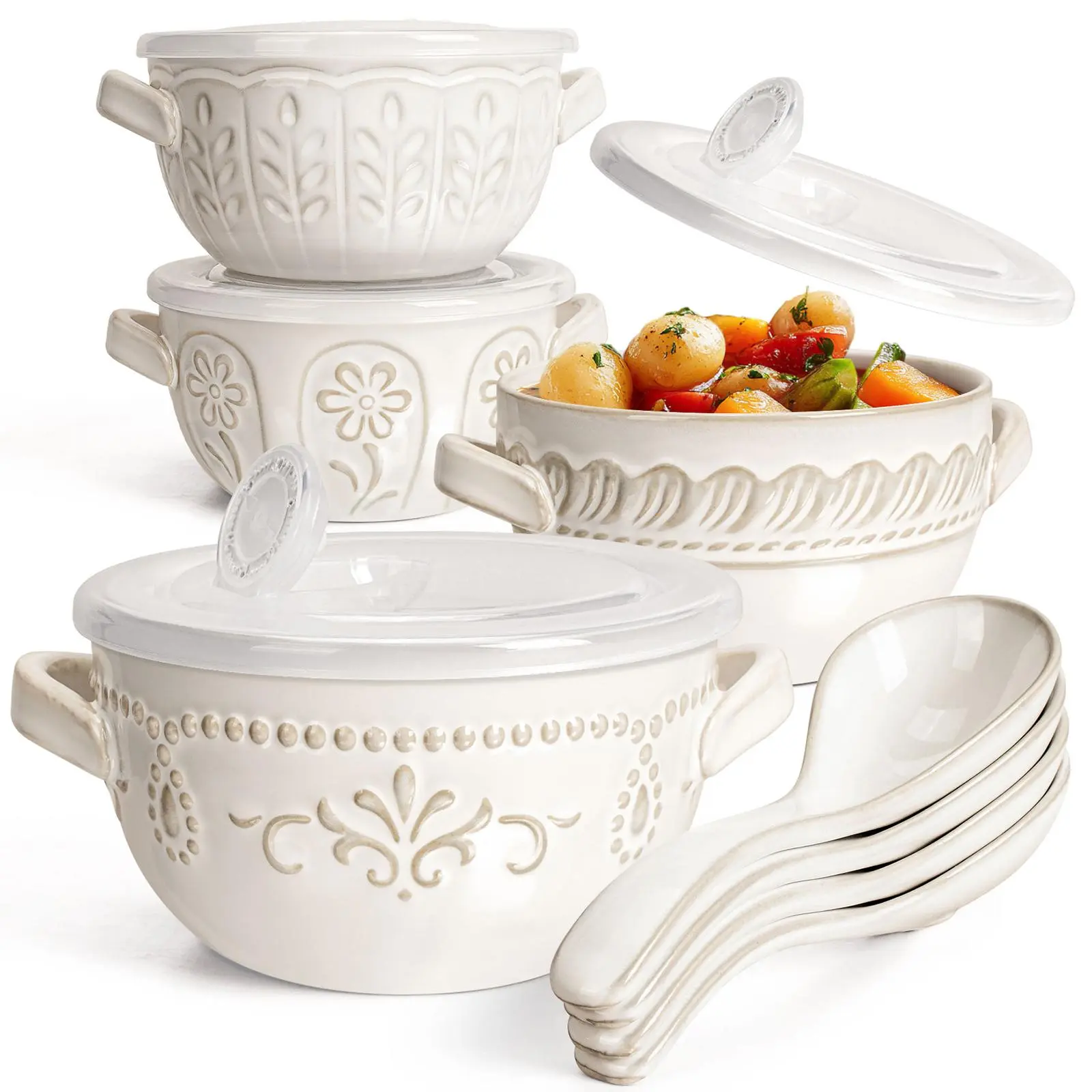 White Embossed French Onion Soup Bowls Set of 4, 20oz Ceramic Soup Crocks with Lids, Handles, Spoons, Oven-Safe Serving Bowls for Chili, Stew