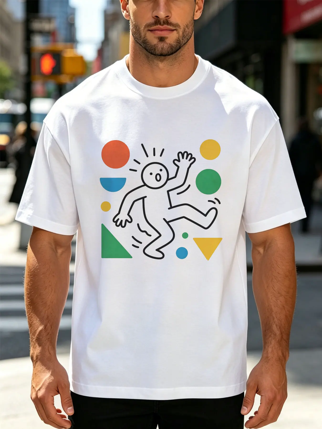 Keith Haring Style Colorful Geometric Dancing Figures Print Short Sleeve T-Shirt, Pop Art Streetwear Unisex Crop Top