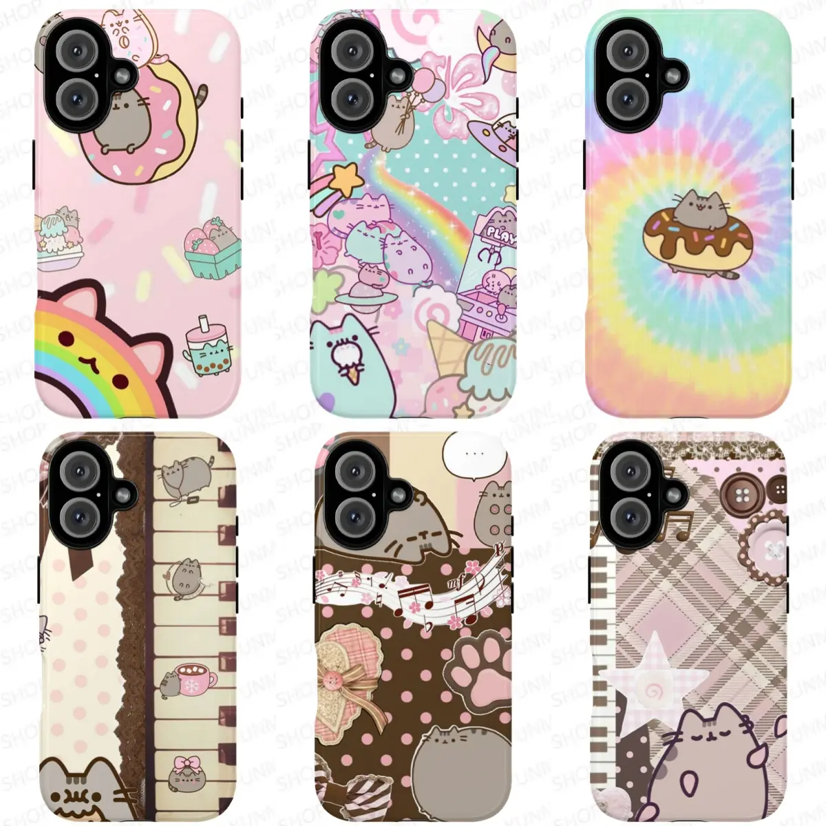 Push-een Kitten Style | Pastel Tie-Dye Rainbow & Chocolate Donut Pattern | Retro Music Notes Aesthetic Phone Cover | for iPhone 17/16/15/14/13/12/11ProMax Plus for Samsung phones, suitable for both men and women, Perfect Gift for Women Men.A gift for the