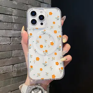 Magnetic Silicone TPU Casing Cover for iPhone 17,16 E Pro Max,15 Plus,14,13,12,11,XS,XR - Warm Orange Soft Stem Flower Ditsy Aesthetic Print, Shockproof, Lightweight, Scratch-Resistant Phone Protection Accessory
