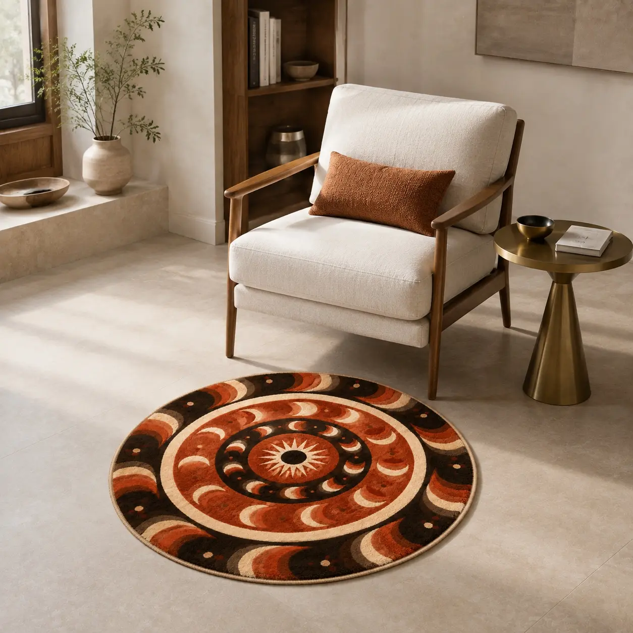 Round Abstract Crescent Orbital Rug High-Definition Print Plush Faux Wool Carpet Machine Washable Non-Slip for Living Room Bedroom