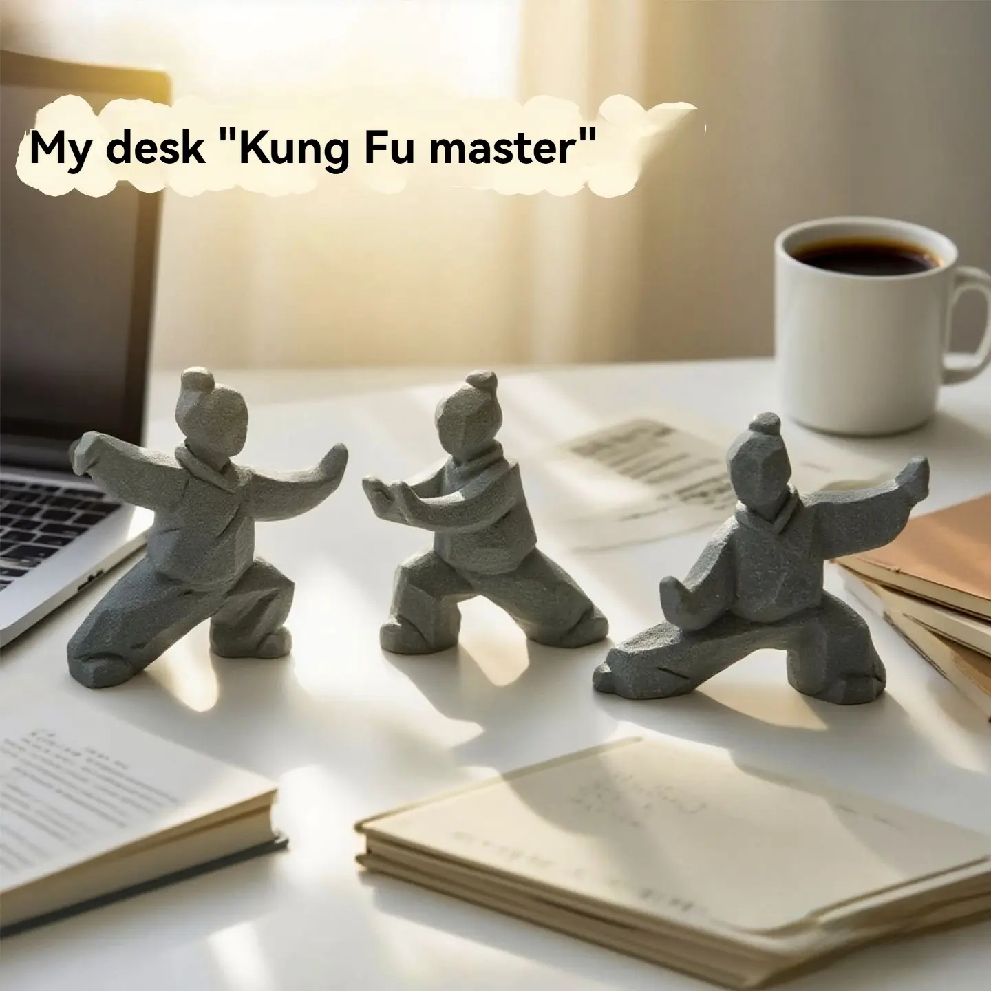 3-Piece Set, Chinese Kung Fu/tai Chi Stone Sculptures, Sand and Resin, Zen Home Decor, Yoga Room, Meditation, Garden, Gift