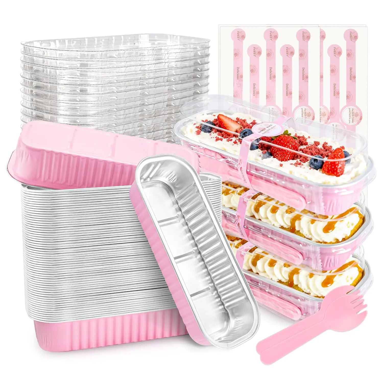 Mini Cake Pans with Lids and Spoons, 50 Pack Pink Mini Loaf Pans with Lids, Mini Cake Containers for Baking, Mini Cheesecake and Party Desserts, Graduation Gifts Party Favors