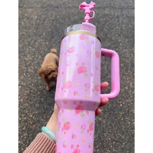 Limited Edition X LOVESHACKFANCY 40 0Z H2.0 Tumblerwith Handle, Double Walled Vacuum Insulated Stainless SteelWater Bottle for Outdoor Camping Mug Cup Drinkware Portable Lid Flasks Bottled