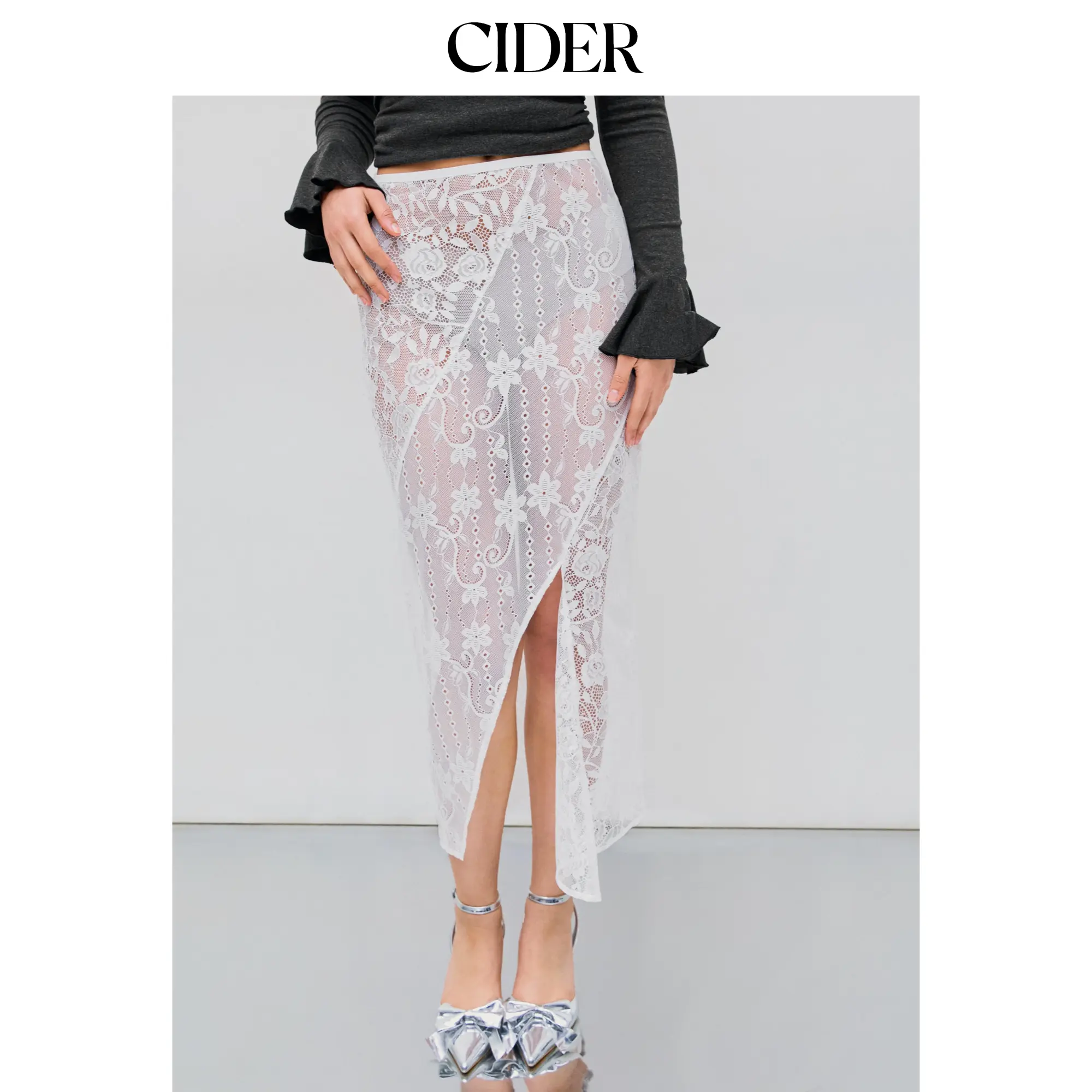 Cider [size 2-10] Lace Mid Rise Floral Split Hollow Out Maxi Skirt