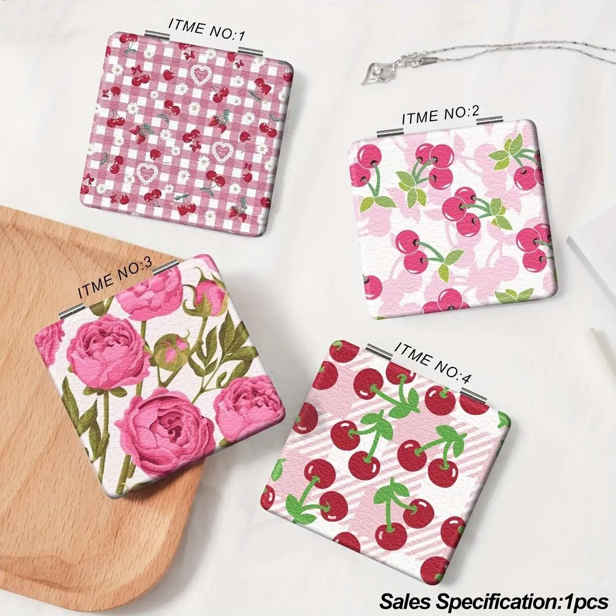 Cute Cherry Peony Floral Print Compact Mirror, Double Sided Foldable Pocket Makeup Mirror, Pink Gingham Portable Travel Cosmetic Mirror, Gift for Girls Women, Mirror for Purse