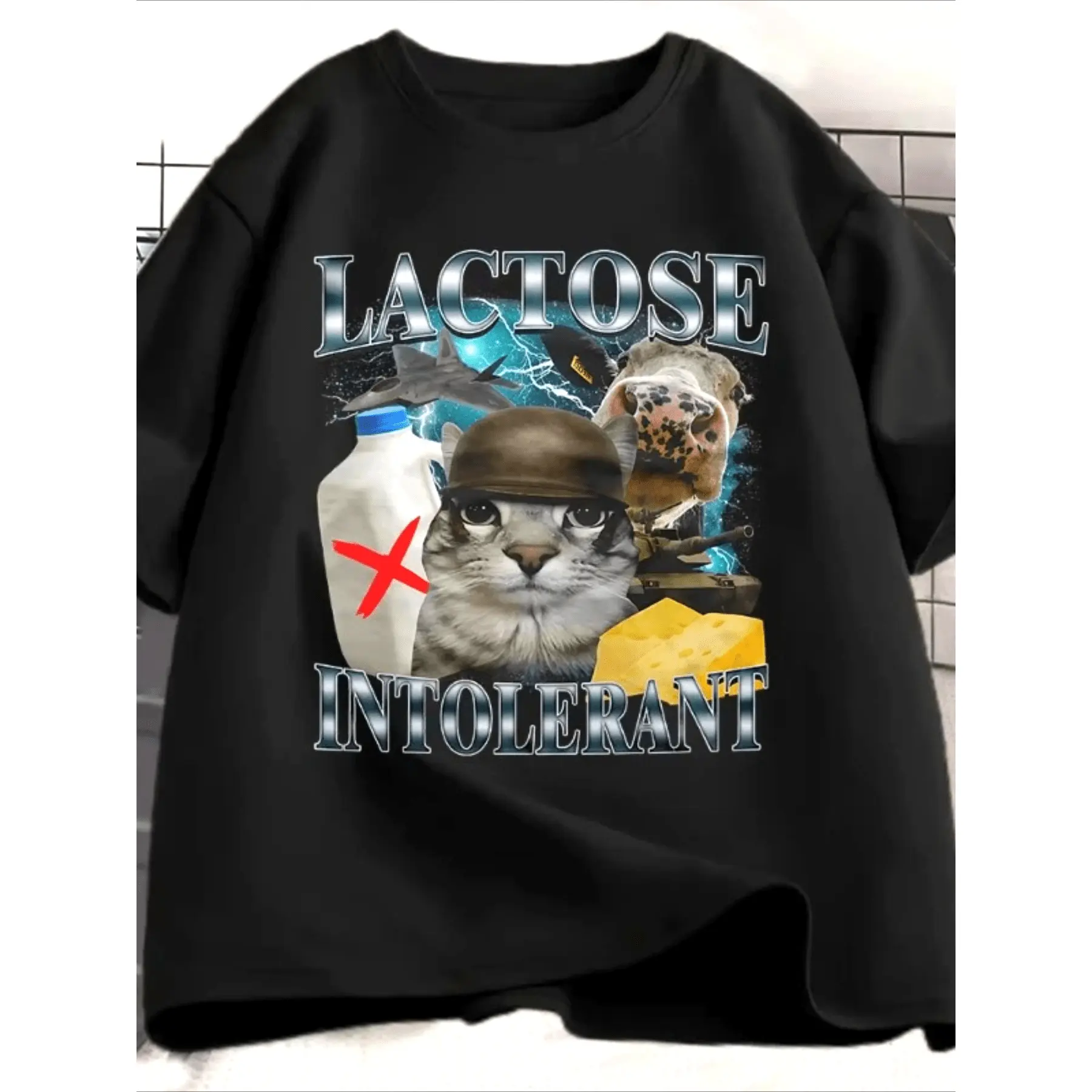 Men's Classic Crew-Neck Short-Sleeve T-Shirt - Funny Bootleg-Style Military Cat Cow Milk Cheese Jet Graphic Tee, Viral Weird-Core Meme Aesthetic Streetwear, Humorous Internet-Joke Gift for Teen Loose Casual Daily Outfits