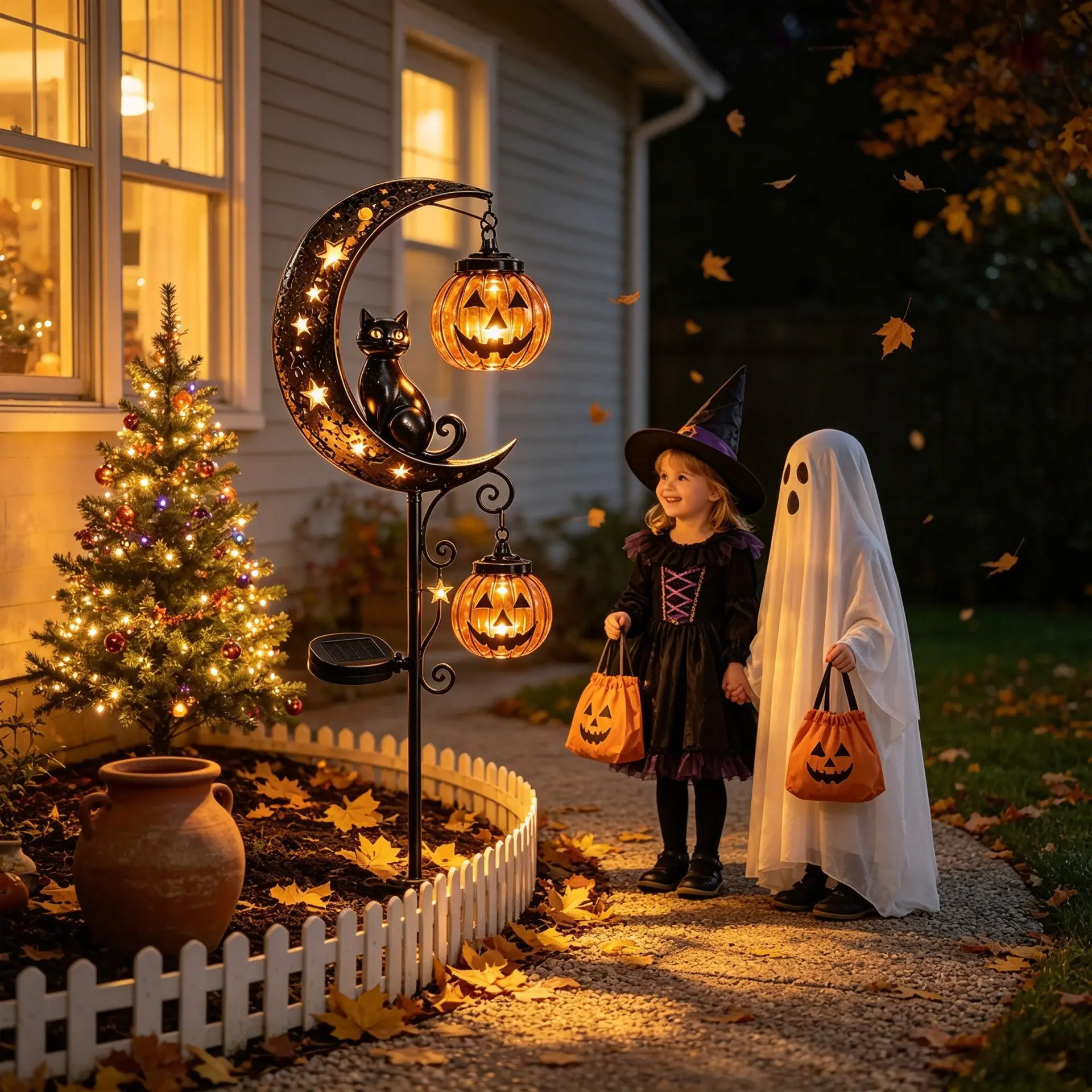 Solar Halloween Cat and Pumpkin Moon Garden Light, Outdoor Waterproof LED Decor, Hanging Pumpkin Lamp for Garden, Patio, Walkway, Porch