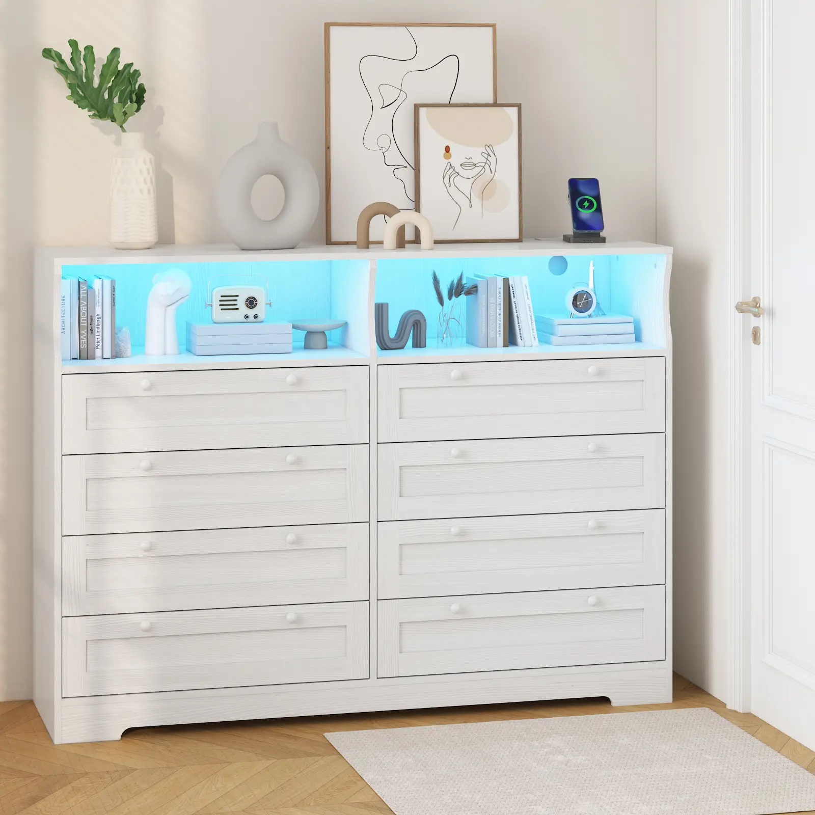 White 8-Drawer Dresser with RGB LED Lights, USB Charging Station & Open Shelving - 55" Bedroom Organizer for Clothes, Indoor Furniture for Bedroom Decor