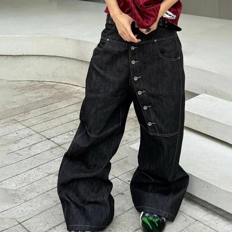 Kyn Apparel Korean High Street Buckle Curved Jeans Autumn Men'S Loose Straight Leg Pants Black Wide Leg Pants Casual Pants Hip-Hop Pants