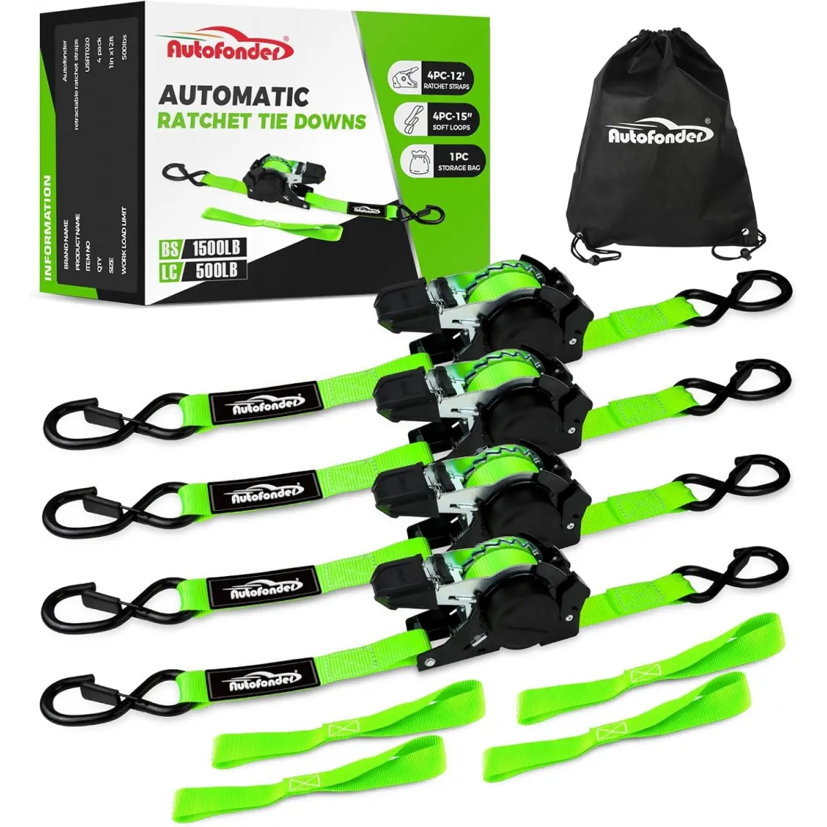 Retractable Ratchet Straps with Soft Loops(4 Pack)-(1,500lb Break Strength) -1 Inch x 12 Feet Heavy Duty Auto Self Retracting Tie Down Strap for Truck, Cargo Trailer, Motorcycle, Rad & More