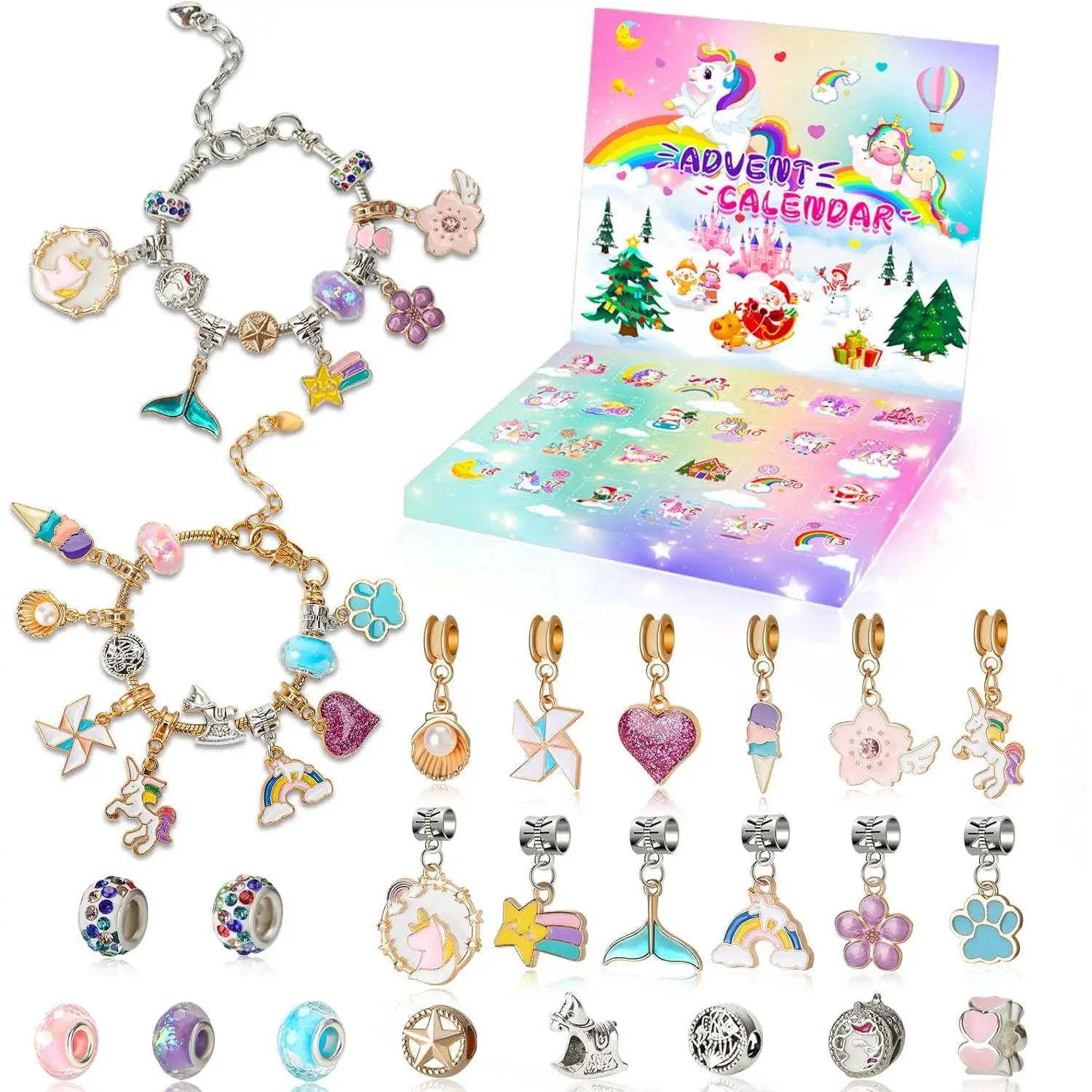 2026 Christmas Advent Calendar for Girls - 24-Day Countdown Calendar with 2 DIY Charm Bracelet Kits, Unicorn-Mermaid-Stars Jewelry Making Gifts for Women, Mermaids, 2Pcs, Cute, Beads Making, Diy Charm Bracelets