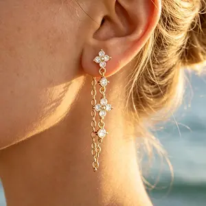 Sparkling Crystal Floral Drop Earrings Elegant Gold-Tone Dangle Chain Blossom Ear Jewelry Romantic Golden Hour Date Night Vintage accessories for Women