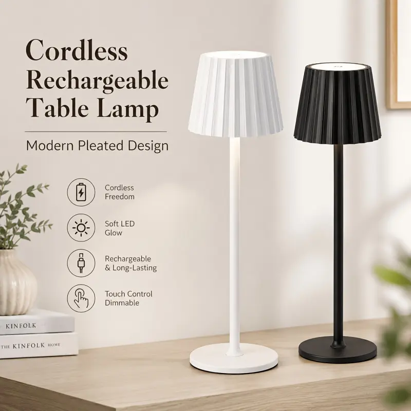 Rechargeable LED Table Lamp - Cordless Metal Pleated Lamp with Touch Control, Dimming, Portable Battery Power for Indoor Use, Bedroom, Cafe Home Decor, LED Lights