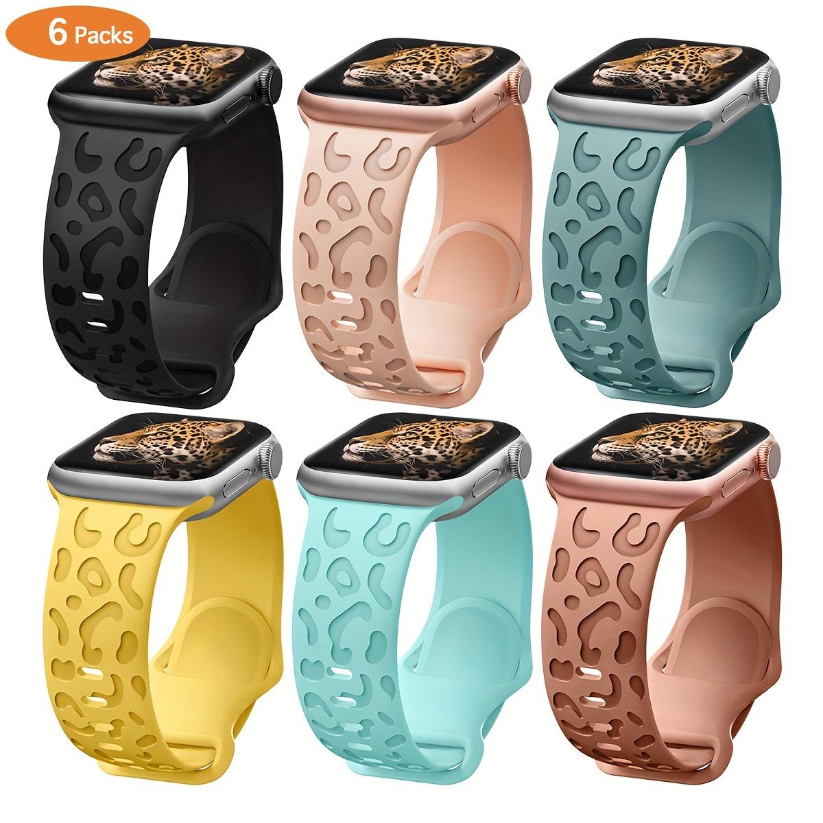 6-Pack Floral Engraved Silicone Apple Watch Bands – Soft Sport Strap 38–49mm (Series 1–11, SE, Ultra / Ultra 2 / Ultra 3), Women