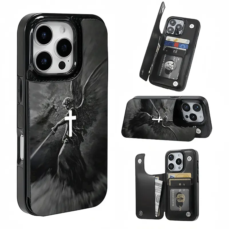 Dark Angel Cross Card Holder Phone Case, This phone case features a card slot function, can store bank cards, transit cards and other cards, suitable for iPhone 17/16/15/14/13/12, and makes a great gift for girls.