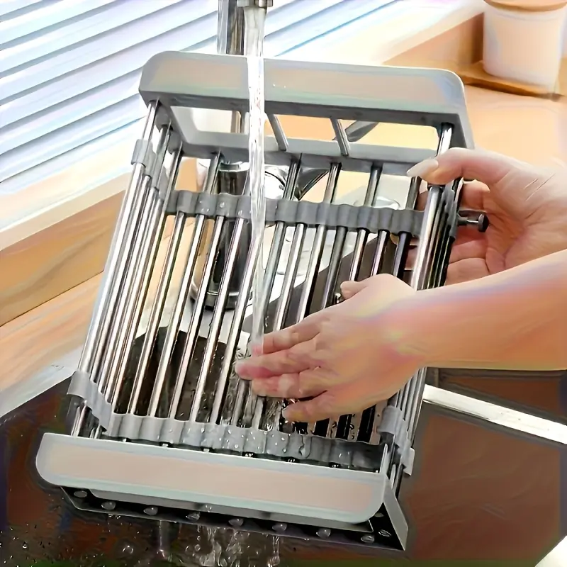 1 piece of stainless steel adjustable telescopic dish rack, Countertop dishes rack - Heavy-duty perforation-free sink storage rack, space-saving draining rack with strip design, suitable for sinks and countertops, modern kitchen storage
