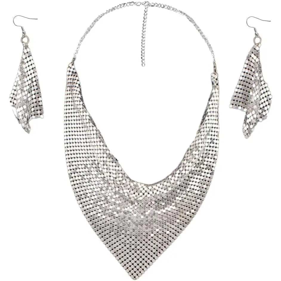 Shiny Metal Triangular Scarf Necklace with Earrings Set Metal Sequins Choker Necklace Adjustable Metal Mesh Statement Necklace Sequins  for Women