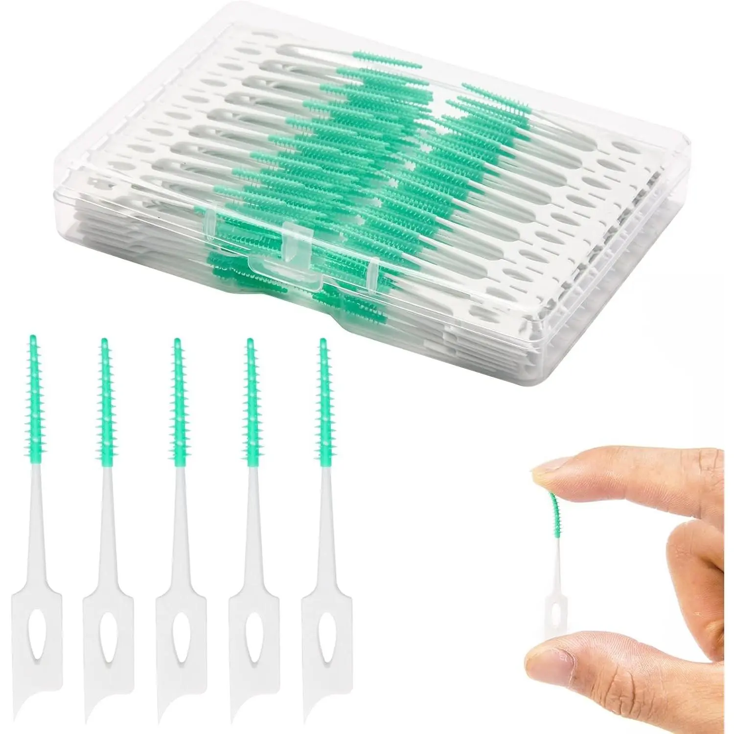 Dental Floss Picks 200 Count with Soft Rubber Brush Head, Interdental Brushes, Dual-Ended Toothpicks, Travel Carry Case, Green Teeth Cleaning Tools