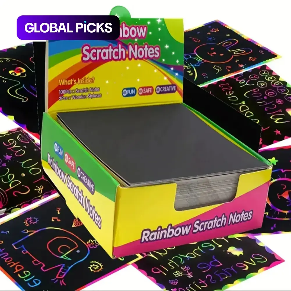 Magic Scratch Paper, Scratch Pad, 100pcs/box Funny Creative Rainbow Scratch Papers with 2 Wooden Styluses, DIY Party Supplies for Birthday Parties, Office, Dormitory and School #GLOBAL PICKS