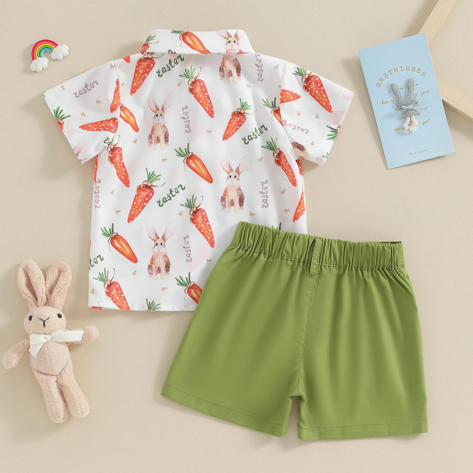 Babamoon Toddler Baby Boy Easter Outfits Carrot Rabbit Print Short Sleeve Button Down Shirt Top Solid Shorts Set Summer  2Pcs Clothes