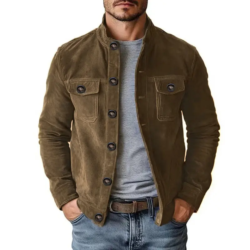 Mens Faux Suede Stand Collar Button Pocket Jacket Casual Mens Clothing Outerwear For Daily Commute Home Outdoor Dating Travel Spring Autumn Everyday Male Casual Fashion Outfit Classic Coats