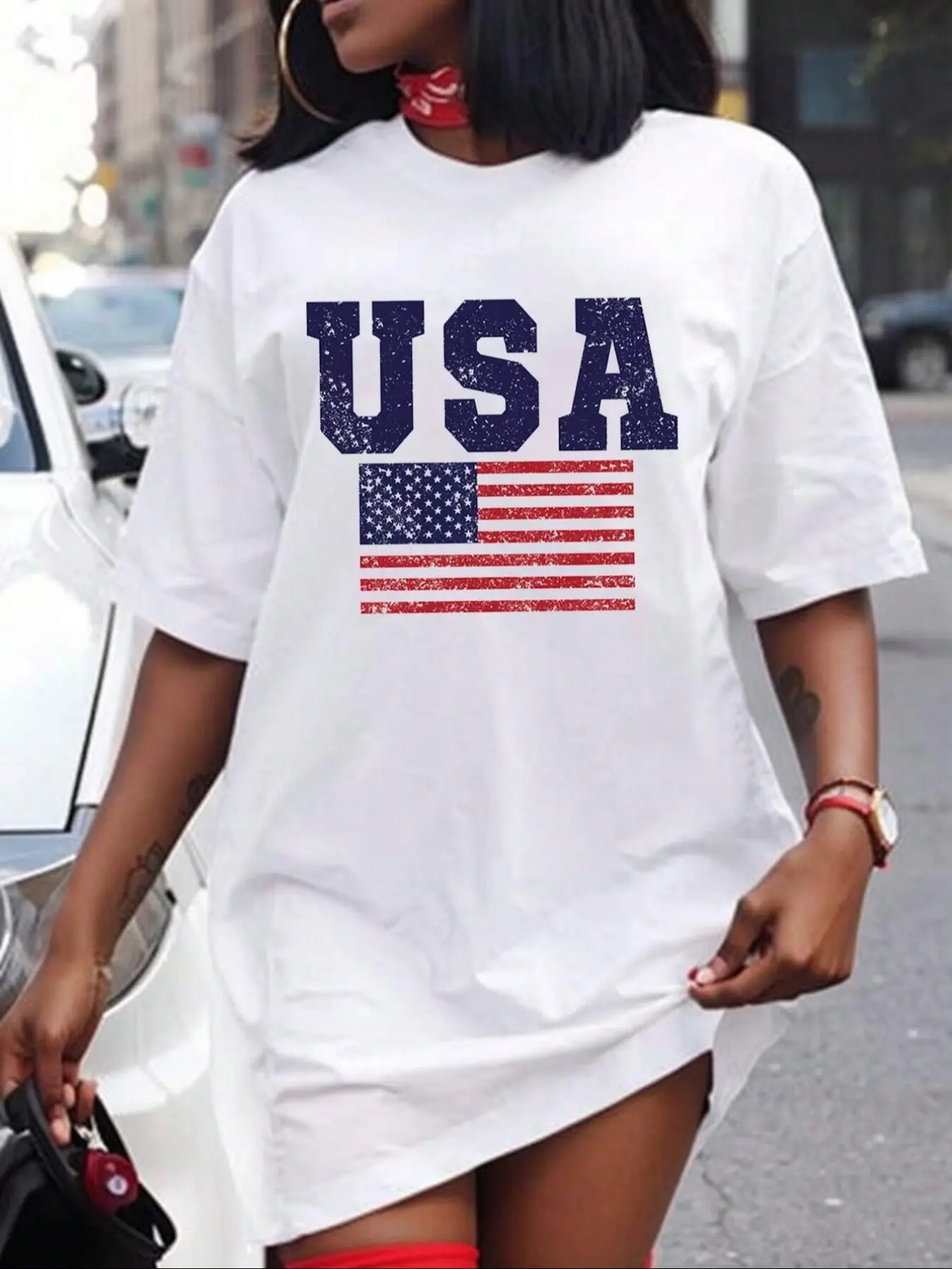 Women's Vintage Graphic Print Round Neck Tee Dress Fitted, Comfortable Versatile Casual Everyday Summer, Sporty Leisure Multi-Scene New Trendy Women's Dress Streetwear Womenswear