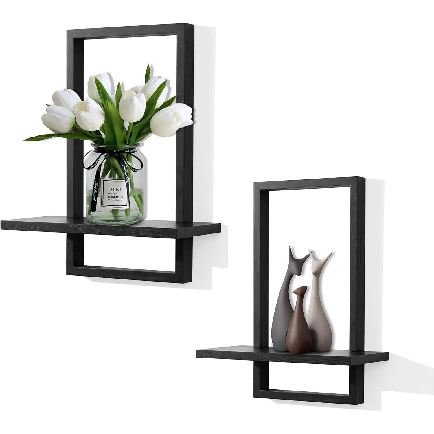 PHOENANCEE Square Floating Shelves, Wall Plant Holder, Bathroom Wall Decor, Black Framed Decorative Shelf, Modern Stylish Set of 2 for Living Room, Bedroom