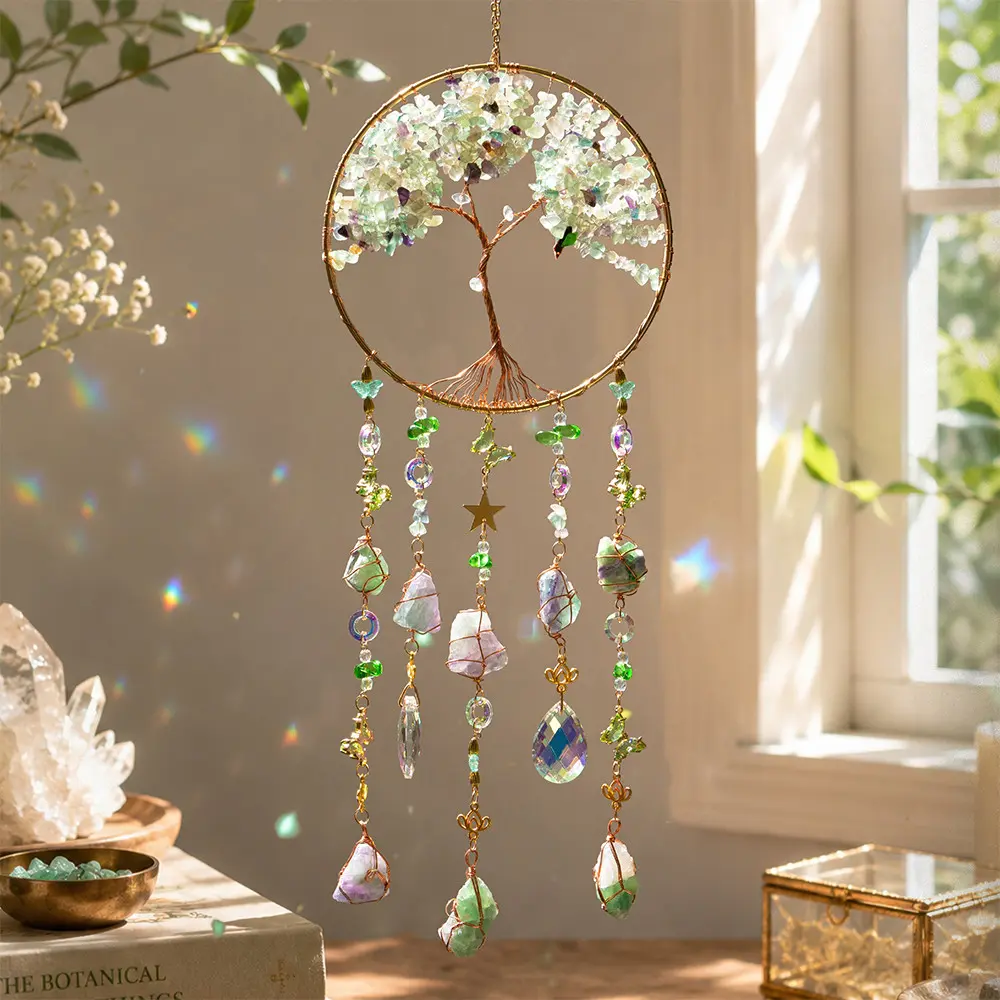 Handmade Bohemian Tree of Life Dream Catcher and Sun Catcher, Crystal and Gemstone Wind Chimes, Irregular Tree Shape Home Decor, Perfect Gift for Christmas, Mother's Day, Birthday
