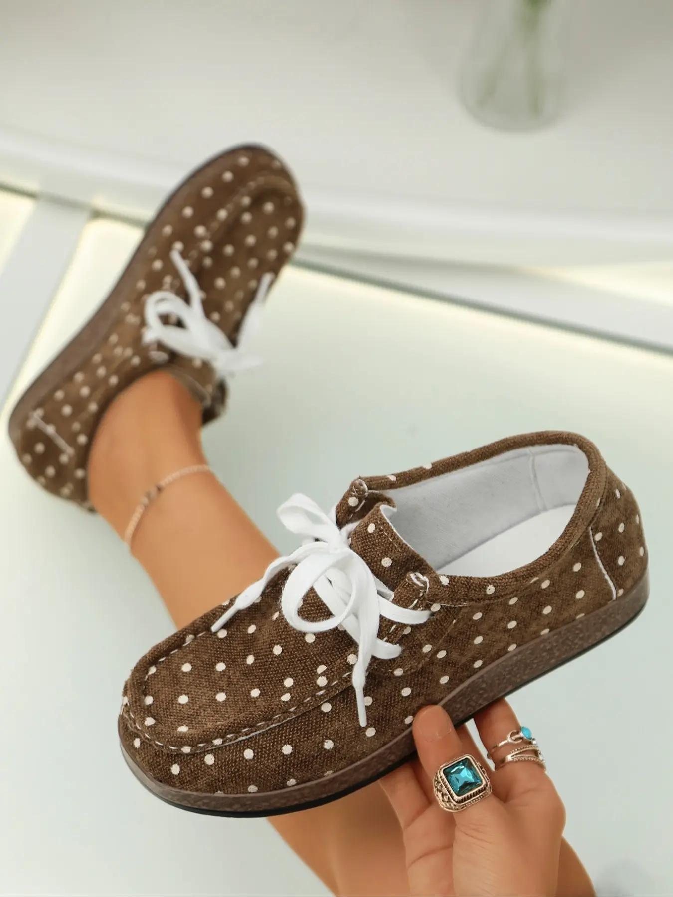Vintage Polka Dot Round Toe Lace-Up Casual Shoes, Distressed Coffee Color Fabric, Soft Sole Ugly Chic Loafers, Daily Lazy Fashion Sneakers