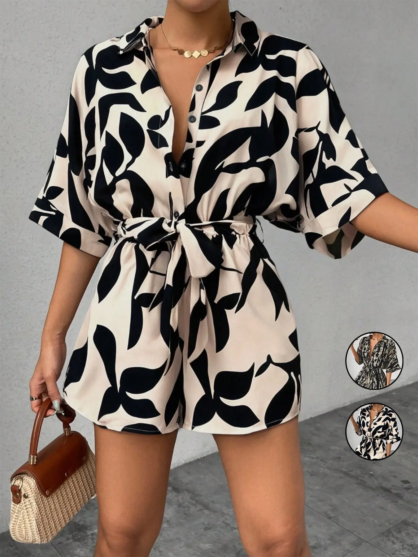 Women's Casual Printed  Front Button  Batwing Sleeve Elastic Waist Loose Jumpsuit, Comfortable and Stylish One-Piece for Everyday Wear，Vacation Beach Outfit