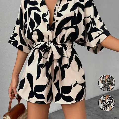 Women's Casual Printed Button-Front Batwing Sleeve Elastic Waist Loose Romper, Comfortable and Stylish One-Piece for Everyday Wear & Vacation Beach Outfit Street Fashion Jumpsuit