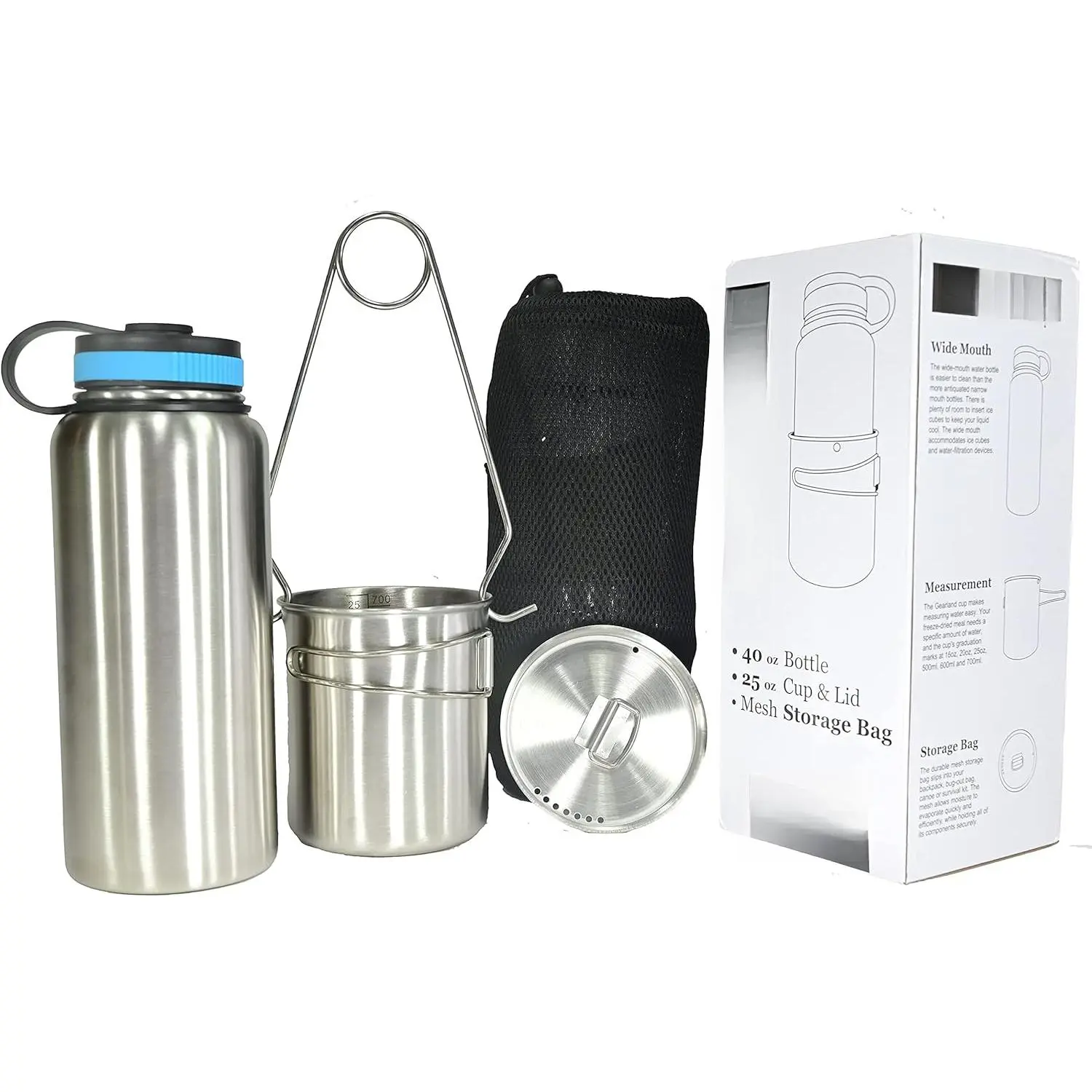 Canteen Stainless Steel Water Bottle with Nested Camping Cup and Lid  Bug Out Bag, Bushcraft Gear, Metal Canteen with a Wide Mouth Water Bottle and Mess Kit