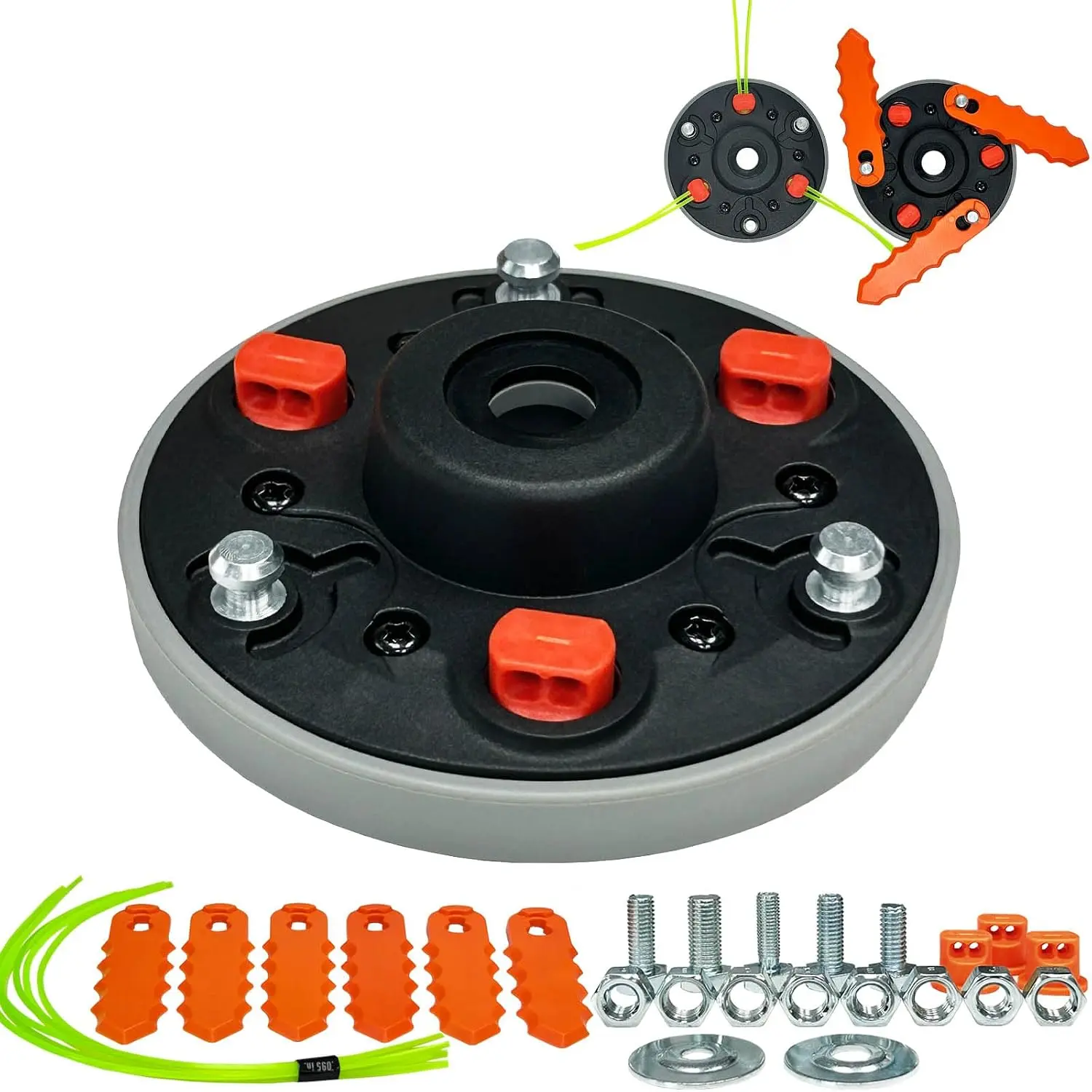 2-in-1 Weed Eater Head with Adapters, Easy-Load Weed Eater Blade & String Trimmer Head for Echo, Ego, Includes 12pcs Lines & 6 Blades, Adapters + Lines