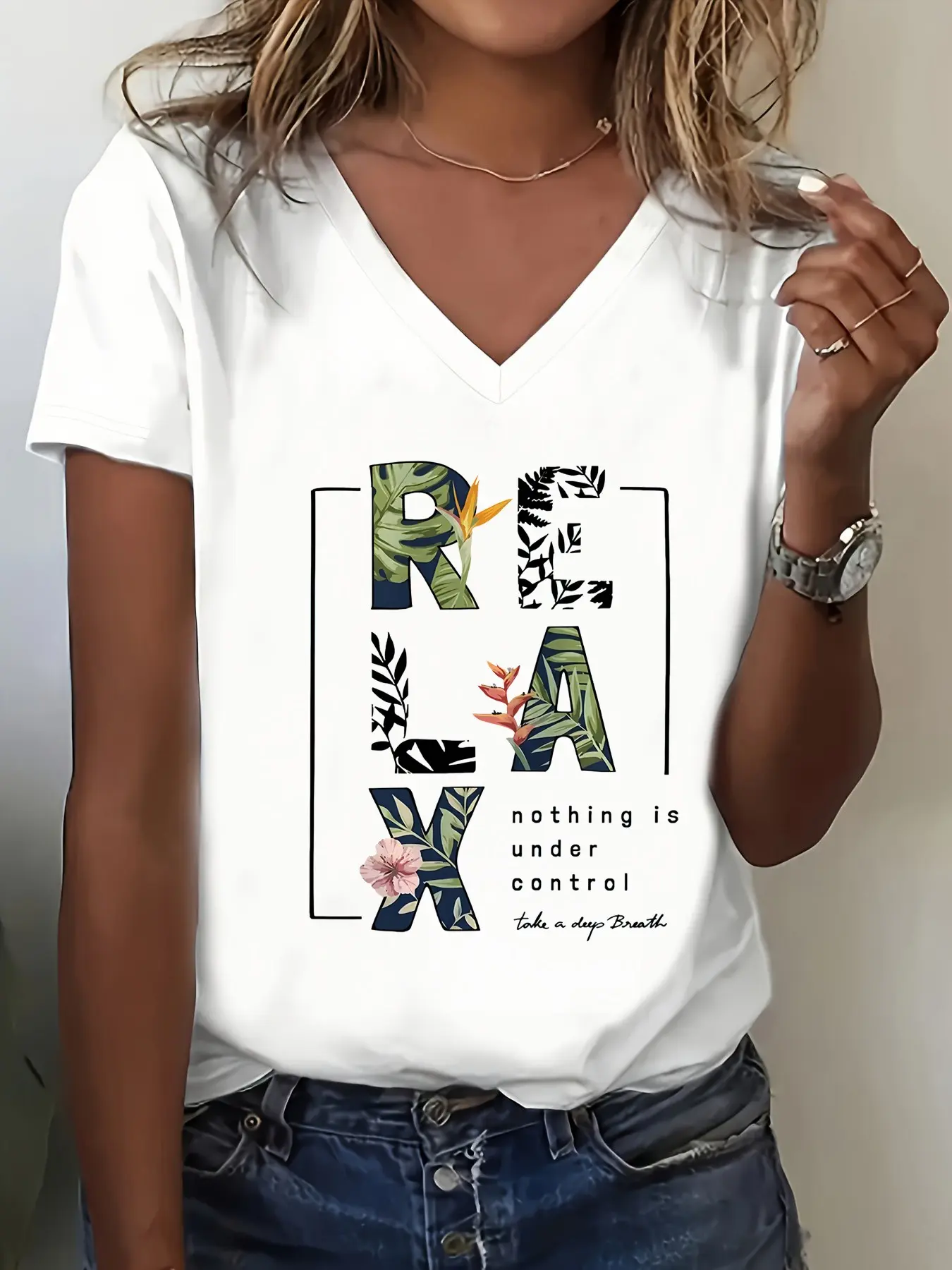 Women's Casual V-Neck Short Sleeve T-Shirt, Tropical Plant Print, Suitable for Spring Summer, Office Shopping Beach
