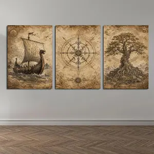3 Piece Norse Inspired Wall Art Canvas Poster Set, Vintage Ship Compass Tree Artwork for Living Room Bedroom Office Study Room, Rustic Mythic Wall Decor, Aesthetic Decorative Poster, Poster Prints