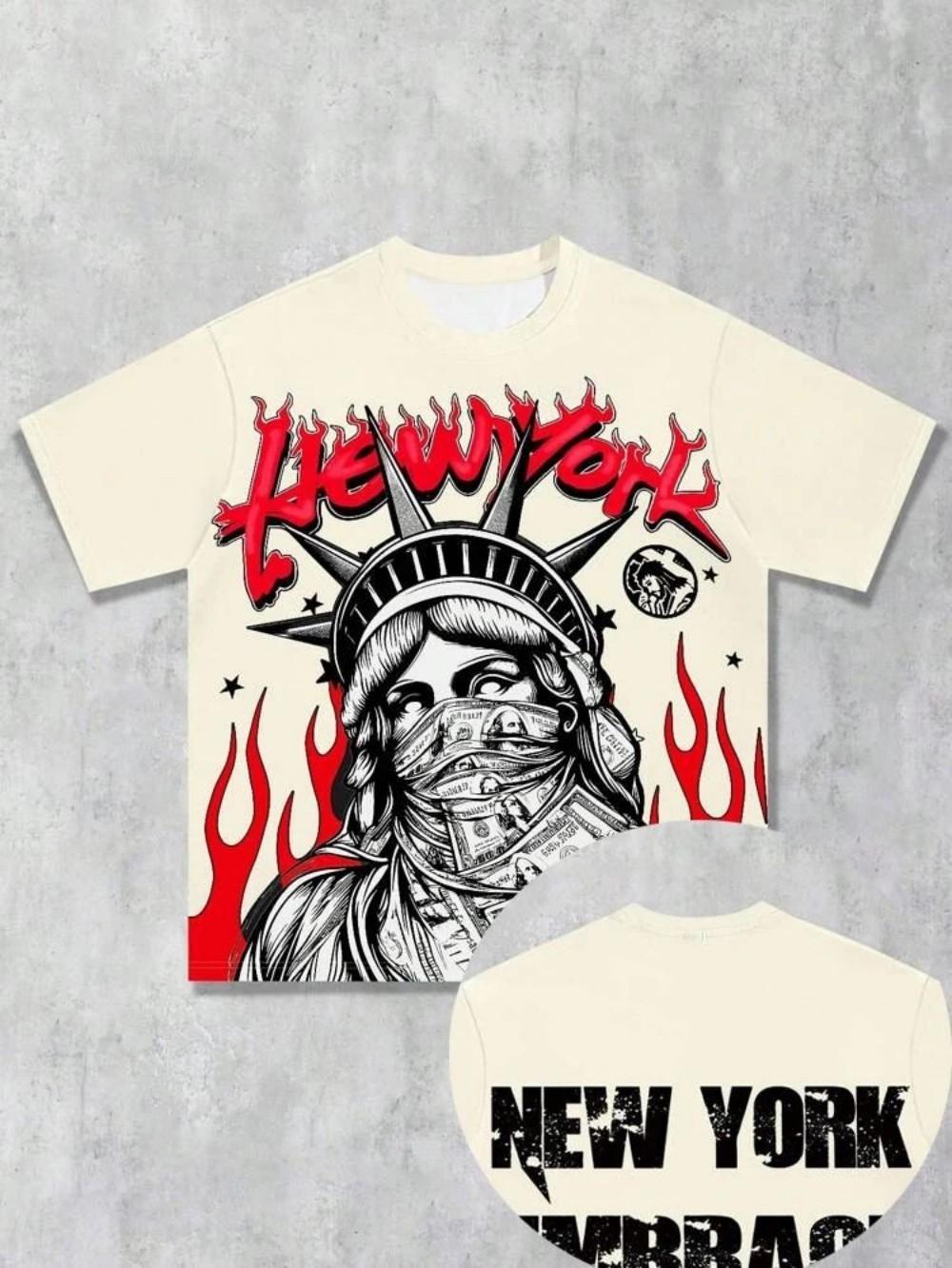 Hot Selling New Men's Statue of Liberty Printed Round Neck Breathable T-shirt and Shorts Outdoor Comfortable Two-piece Set