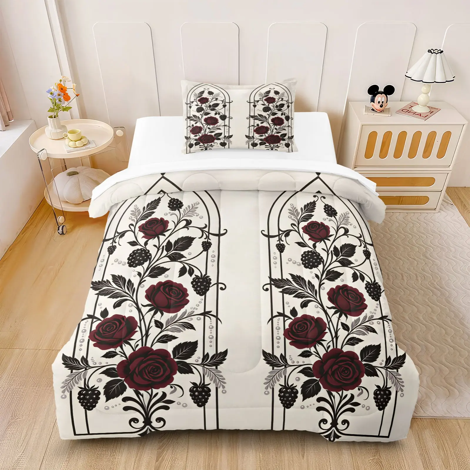 2/3Pcs Gothic Medieval Comforter Set Printed with Thorn Roses, Blackberries, Golden Line Carvings & Pearls, Fluffy, Breathable & Anti-Clumping, All-Season Complete Bedding for Bedroom, Hotel & More, Filling Included, Pillow Inserts Not Included