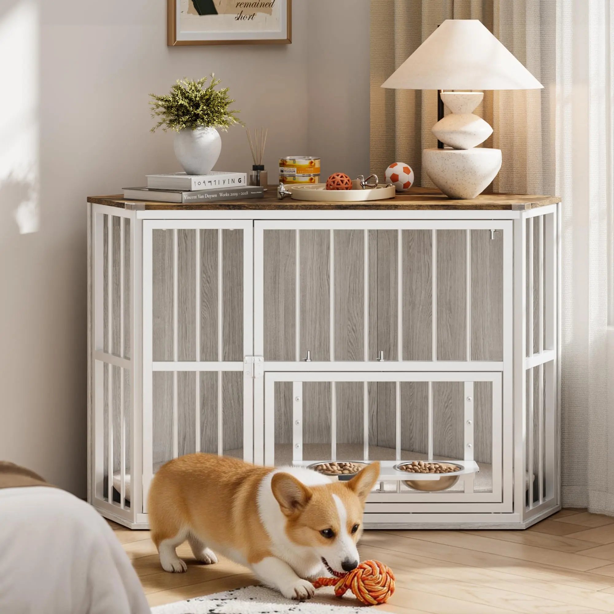 Garvee 42.5" Corner Dog Crate Furniture, Wooden Indoor Dog Kennel with 360° Rotating Door & Stainless Steel Feeding Bowls, Decorative End Table Style Dog Cage for Small Breeds