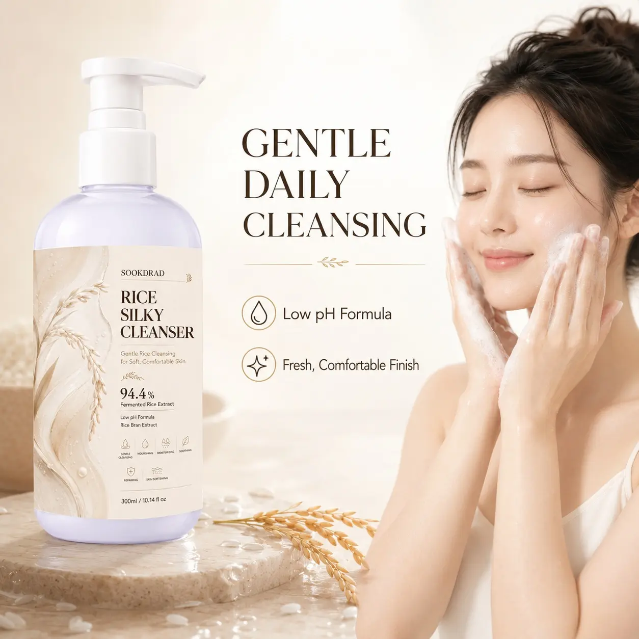 Rice Silky Cleanser, contains 94.4% Fermented Rice Extract, Rice Bran Extract, gentle cleansing, nourishing, moisturizing, soothing, repairing, skin softening, for facial use, suitable for all skin