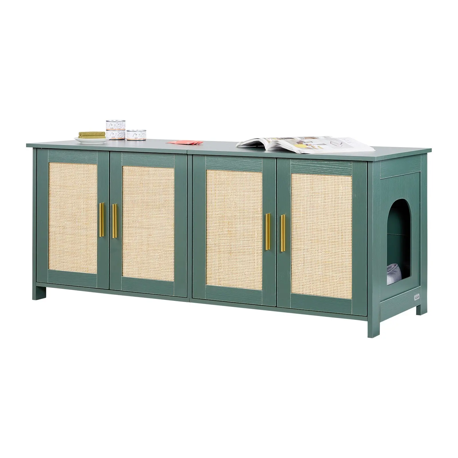 【DealsForYouDays】VEVOR Cat Litter Box Enclosure for Multi Cats, 47.2 in Hidden Litter Box Cabinet with 4 Rattan Doors 2 Entries, Indoor Cat Washroom, Wooden Kitty House Furniture, Fit Most Litterboxes, Green