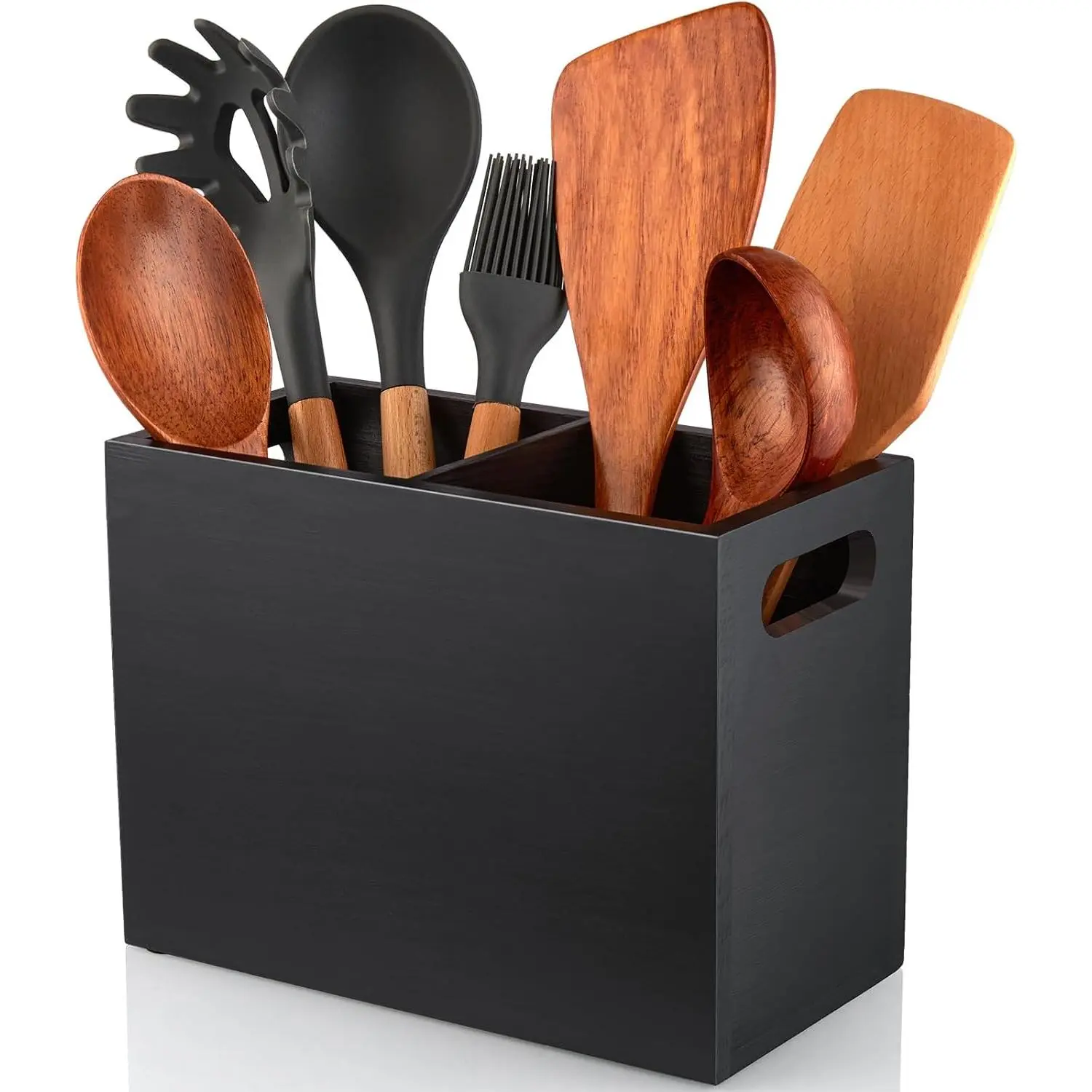 Black Utensil Holder for Kitchen Counter - 2 Compartment Large Utensil  Organizer for Countertop - Kitchen Tool Holder for Spatula Ladles