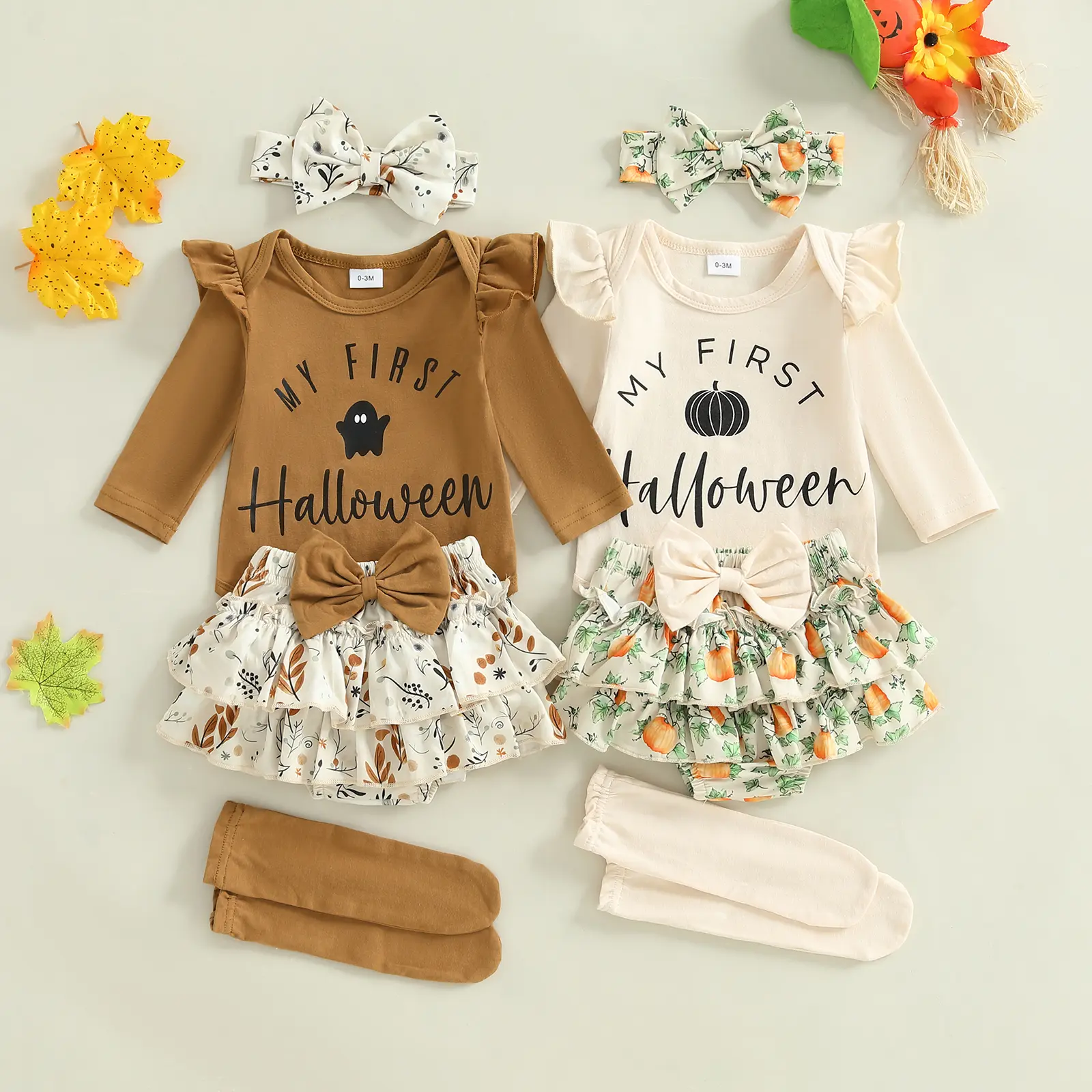 Newborn Baby Girl Halloween Outfit Pumpkin Clothes Long Sleeve Romper+ Ruffled Bloomers Skort +Socks+Headband Set First Halloween Outfit 0-18Months